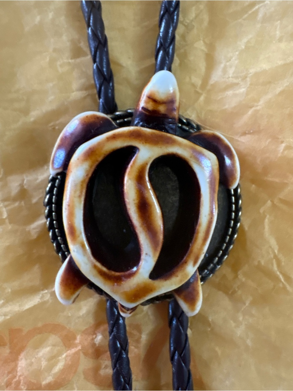 Handcrafted Brown Turtle Pendant Bolo Tie